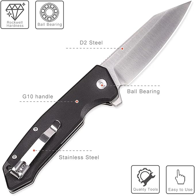 Tactical Folding Pocket Knife 3.5" D2 Drop Blade G10 Handle W/Clip for Men Woman Outdoor EDC Fathers Day Gift