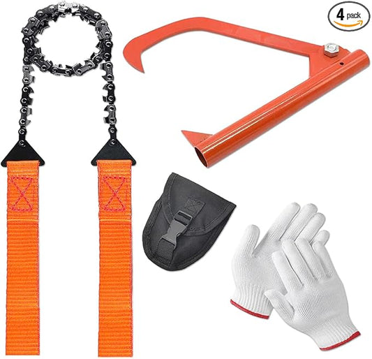 HOMEE 4Pcs Pocket Chainsaw Set with Firewood Puller,Gloves and Storage Bag,26 inches Rope Saw,11 Teeth Folding Chain Hand Saw for Outdoor Survival Camping Hunting Tree Cutting Emergency Tools