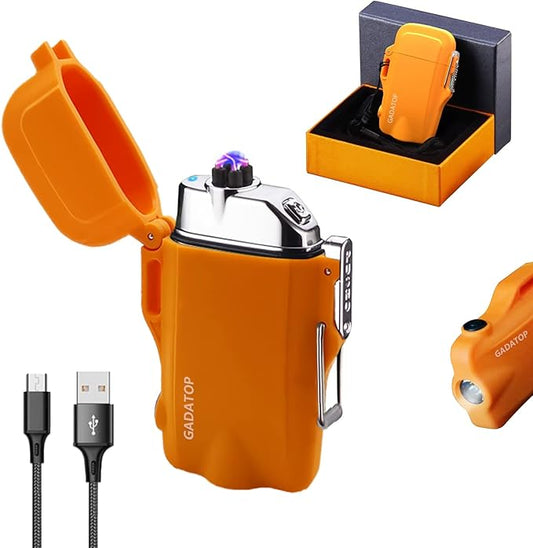 GADATOP Electric Lighter, Outdoor Waterproof Double arc Lighter Windproof Lighter, Rechargeable USB Lighter flameless Plasma Lighter with LED Torch with Lanyard, Suitable for Camping, Hiking (Orange)