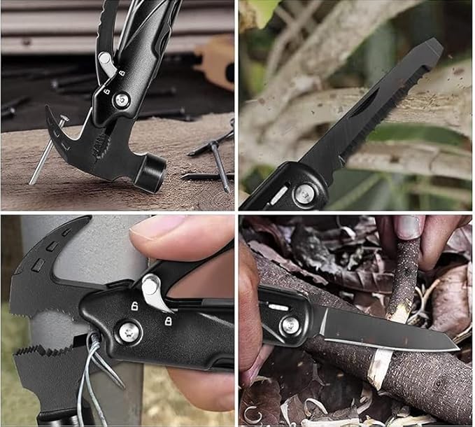 Camping Hammer Pocket Multitool, 12-in-1 Safety Locking Survival Gear Multi Tools Hammer Stocking Stuffers for Men Dad Gifts