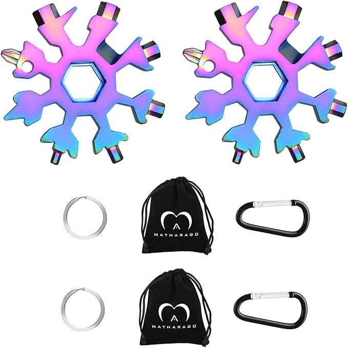 Snowflake Multitool, 2pcs Snowflake Tool Stainless Steel 18 in 1 Snowflake Multitool with Carabiner Clip, Keyring and Storage Bag for Christmas Gift Men's Present(Multicolor)