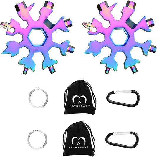Snowflake Multitool, 2pcs Snowflake Tool Stainless Steel 18 in 1 Snowflake Multitool with Carabiner Clip, Keyring and Storage Bag for Christmas Gift Men's Present(Multicolor)