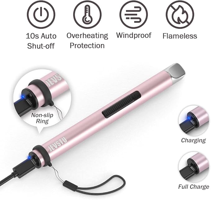 Candle Lighter, Electric Lighter Rechargeable USB Lighter, Arc Windproof Flameless Plasma Lighter Long Stick with Rope and Ring, No Butane Fluid, Perfect for Candle BBQ Camping Kitchen Stove, Pink