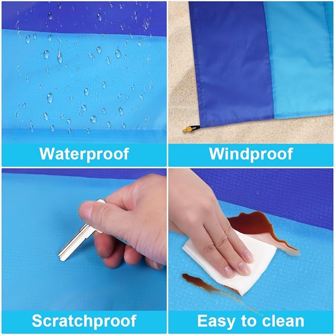 Ainiv Beach Blanket Beach Mat, Sandproof Waterproof Beach Mat, Extra Large 108 * 118 in (8-10People) Picnic Blanket with 1 Storage Bag, 1 Carabiner & 4 Fixed Nails for Beach, Camping, Hiking, Picnic