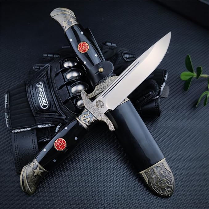 Outdoor Bushcraft Fixed Blade Survival Knife with Sheath - 5.15 in Mirror Blade Zinc Alloy + Resin Handle - Full Tang Bowie Knife for Collectors - Best for Hunting Camping Fishing, Black