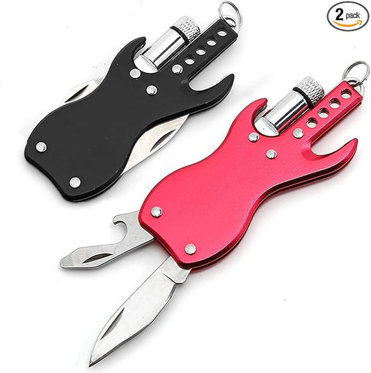 Mini Guitar-Shaped Multitool,3-in-1 Keychain Knife with Bottle Opener and Mini Flashlight,Gift for Men & Women,Set of 2