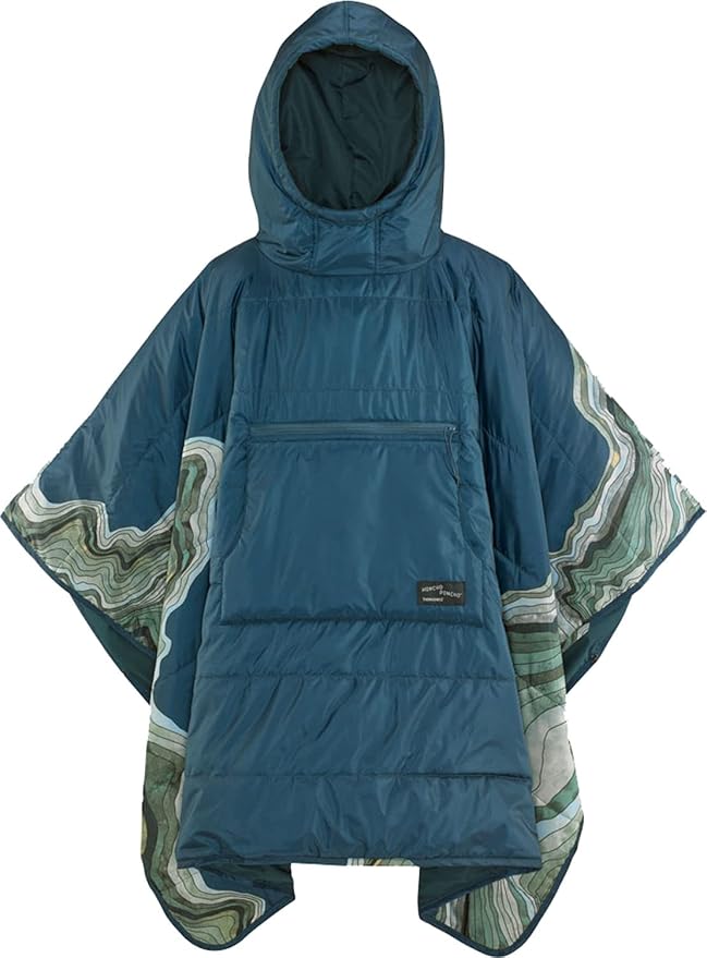 Therm-a-Rest Honcho Poncho Wearable Hoodie Blanket, Outerspace Blue Topo Wave Print