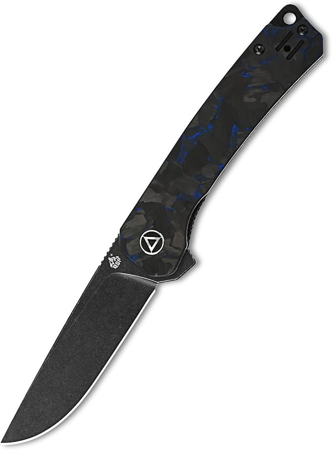 QSP Knife Osprey Folding Knife, 3.25in 14C28N Blade with Different Handle Variants, Reversible Tip Up Clip for Everyday Carry (Black stonewash blade, shredded blue CF overlay G10)