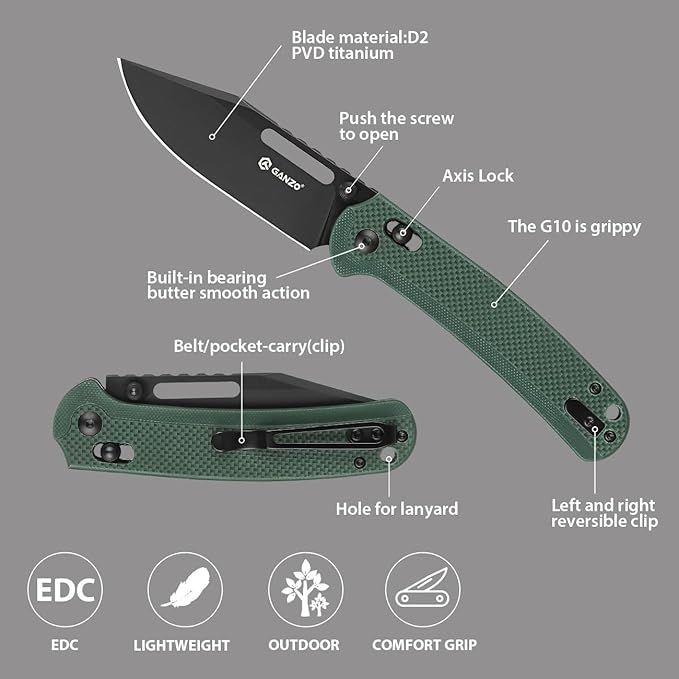 Ganzo G768PT-GB EDC Folding Pocket Knife Razor Sharp D2 Stainless Steel Black Blade G10 Handle with Clip Outdoor Foldable Pocket Knife Hunting Fishing Hiking Gear Best Gift for Men (Green)