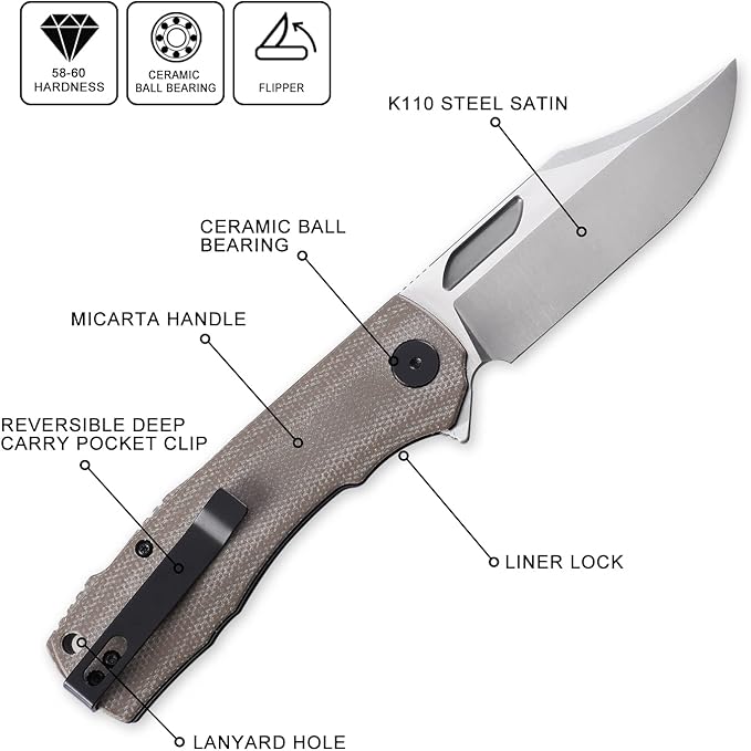 Petrified fish PFP03 Victor,3.58" K110 Satin Blade,140g Micarta Handel Flipper Liner lock Folding knife (Khaki Satin)