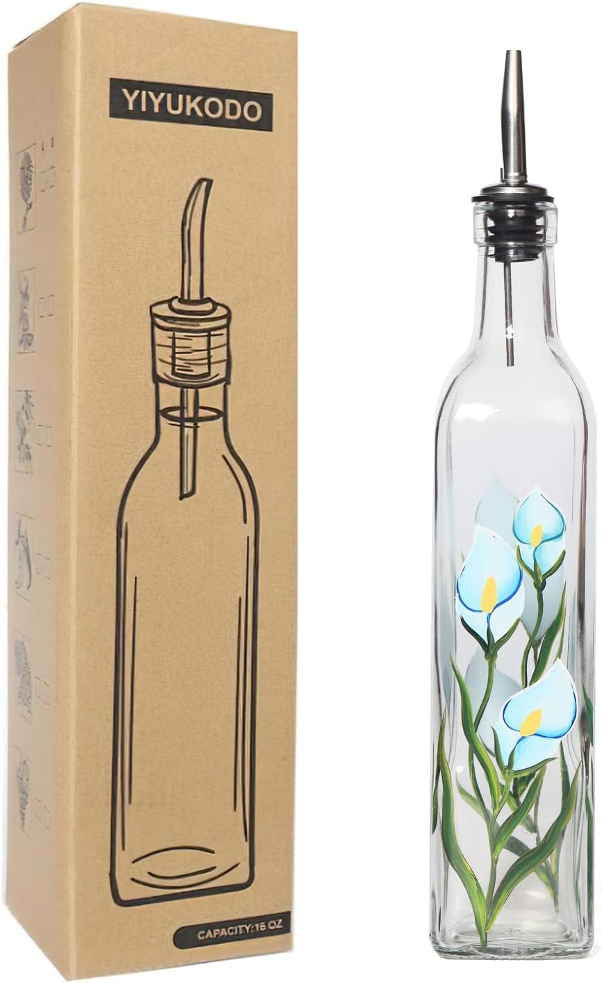 17oz Hand Painted Glass Olive Oil Bottle - 500ml Green Oil & Vinegar Cruet with Pourers - Olive Oil Carafe Decanter for Kitchen (Morning glory)