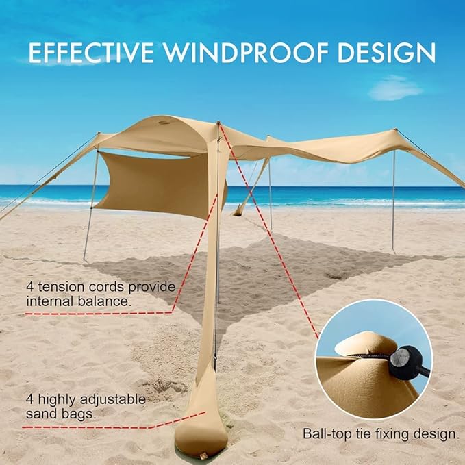 Beach Canopy Tent Shade with Sidewalls 10x10FT, 6.6FT Tall, UPF50+ Sun Shelter, Windproof & Water Resistant, Includes Guylines Sand Shovel Stability Poles, Easy Up for Beach Outdoor Camping Backyard