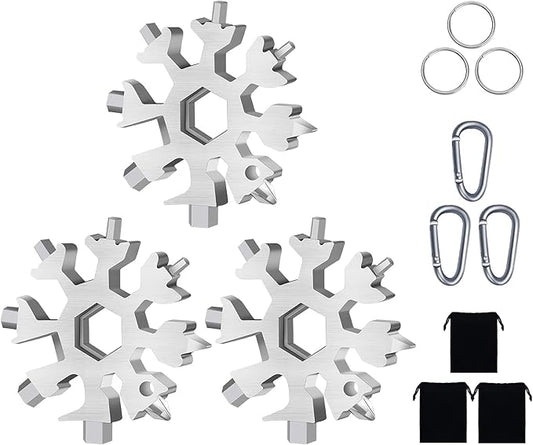 FZENeast Snowflake Multitool, 3 Piece 18-in-1 Stainless Steel Snowflake Standard Multitool, Snowflake Wrench with Key Ring, Carabiner Clip and Gift Bag (Silver)