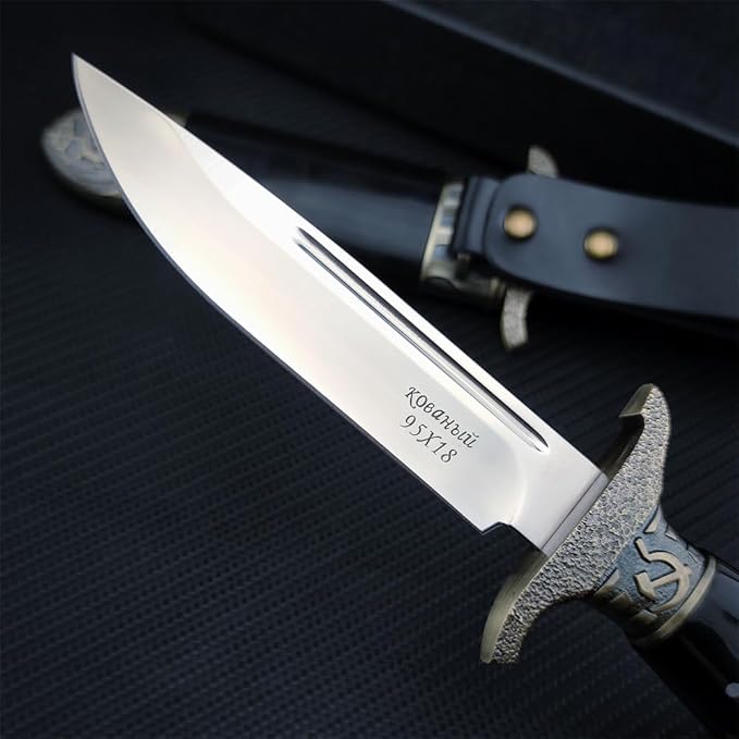 Outdoor Bushcraft Fixed Blade Survival Knife with Sheath - 5.15 in Mirror Blade Zinc Alloy + Resin Handle - Full Tang Bowie Knife for Collectors - Best for Hunting Camping Fishing, Black