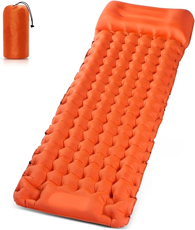 Sleeping Pad for Camping, Lightweight Waterproof Camping Air Mattress with Built-in Pump Camping Bed for Backpacking Gear, Hiking, Tent, Traveling Orange