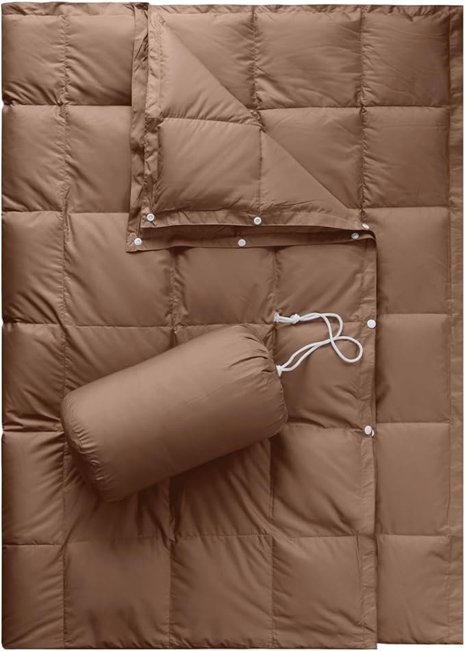 Down Camping Blanket,Puffy Down Blanket Packable Lightweight Down Throw Quilt Water-Resistant Outdoor Travel Blanket for Camping,Hiking,Stadium,Picnic,Car 50x77''Brown