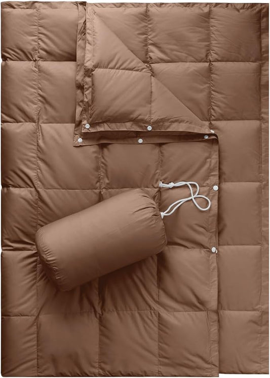 Down Camping Blanket,Puffy Down Blanket Packable Lightweight Down Throw Quilt Water-Resistant Outdoor Travel Blanket for Camping,Hiking,Stadium,Picnic,Car 50x77''Brown