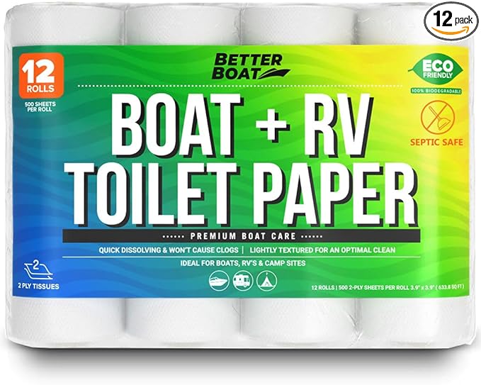 Boat and RV Toilet Paper Septic Safe Tissue Toilet Quick Dissolving 12 Single (1) Rolls for Marine and Travel Camper Systems Camping Biodegradable Supplies Dissolve and Tank Safe | TP Bulk Pack 2 Ply