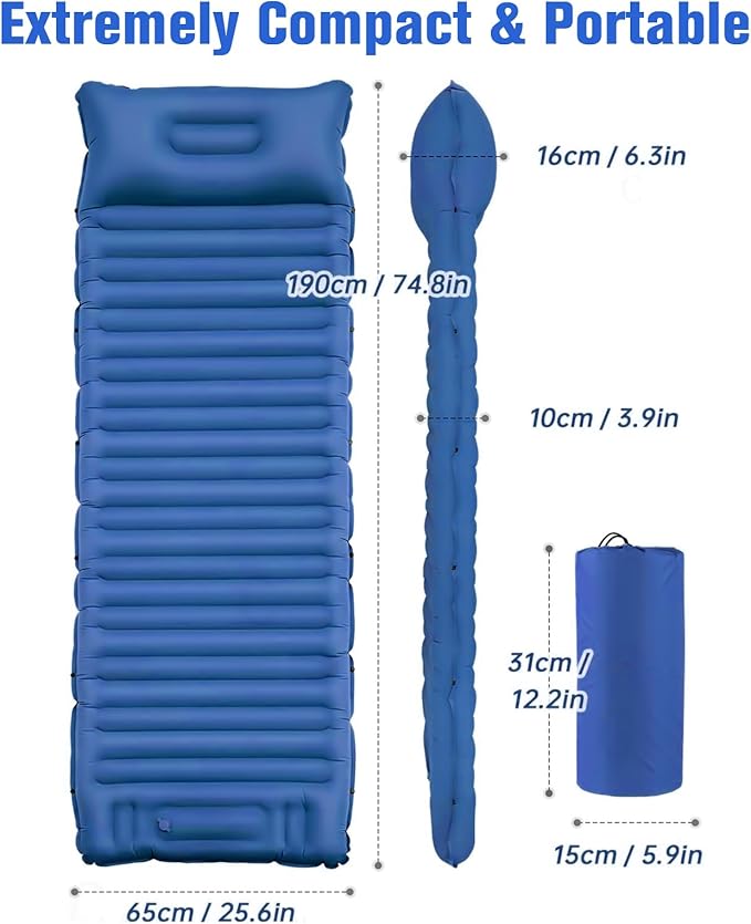 Sleeping Pad for Camping, 4in Thick Camping Air Mattress with Pillow, Camping Bed Sleeping Mat for Backpacking, Inflatable Camping Mat Built-in Pump, 40D+60D 2-Layer Nylon, Holds 400lbs,Repair Kit