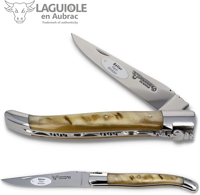 Laguiole en Aubrac Handmade Knife 12 cm L0212BEIF ram's Horn Handle, Blade and bolsters Stainless Steel Shiny