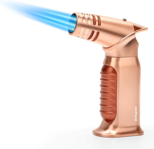 Torch Lighter, Quad 4 Jet Flame Windproof Butane Lighter with Safety Lock Adjustable Refillable Lighter for Kitchen Grill BBQ Candle Camping (Butane NOT Included) (Gold)