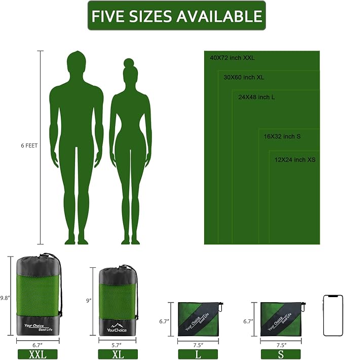 Your Choice Microfiber Travel Towel, Fast Drying Towel for Camping, Travel, Beach, Gym, Backpacking, Sports and Swimming. Sweat Absorbent, Lightweight and Ultra Compact