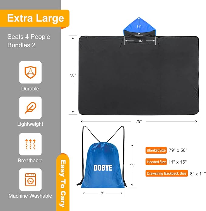 DOBYE Hooded Stadium Blanket, Large Waterproof Outdoor Fleece Blanket, Windproof Wearable Portable Warm Mat for Camping