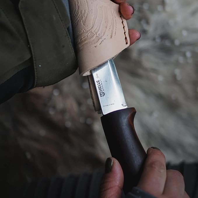 HELLE Knives - Gro- Fixed Blade Knife - Birch Wood Handle - Stick Tang- Camping, Hunting - 12C27 Stainless Steel - Leather Sheath - Made in Norway