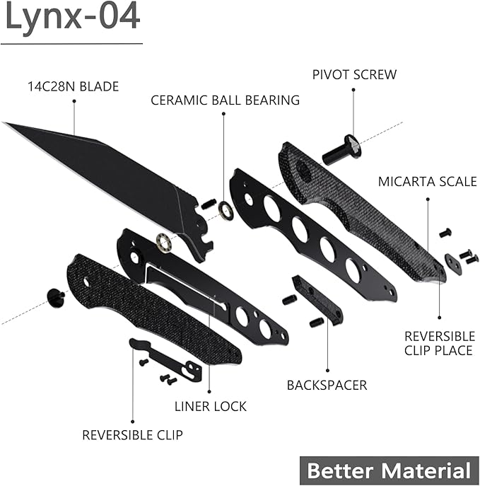 Pocket Knife with Reversible Clip，3.66'' Black PVD Titanium Coating 14C28N Blade Micarta Handle with Liner Lock Lightweight Folding EDC for Men Camping Hunting，Lynx-04