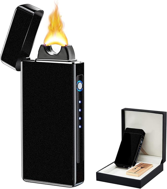 Electric Lighter Rechargeable USB Torch Lighter Plasma Big Flame Arc Lighter Windproof Cool High Power Candle Lighter with Gift Box for Holiday, Birthday, Gift for Men and Women (Matte Black)