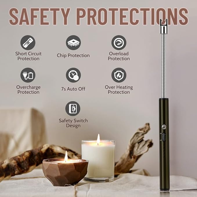 Boncas Flexible Arc Lighter USB Candle Lighter Plasma Lighter Rechargeable Windproof Lighter Long for Household Camping Cooking BBQ Olive Gray (Candle Not Include)