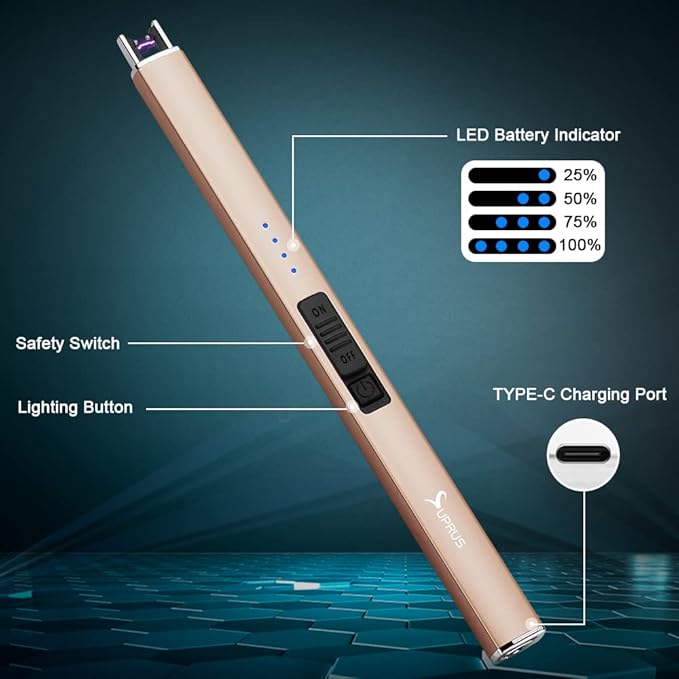 SUPRUS Electric Lighter Arc Windproof Flameless USB Lighter Rechargeable Lighter with Safety Lock for Candle BBQ Camping (champagne Gold)
