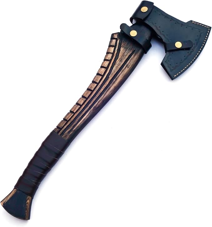 Hand Forged Vikings Axe & Damascus Steel Folding Knife Set- 21"" Carbon Steel Nordic Hatchet + EDC Knife with Sheath- Ideal for Camping, Gift for Men, Black