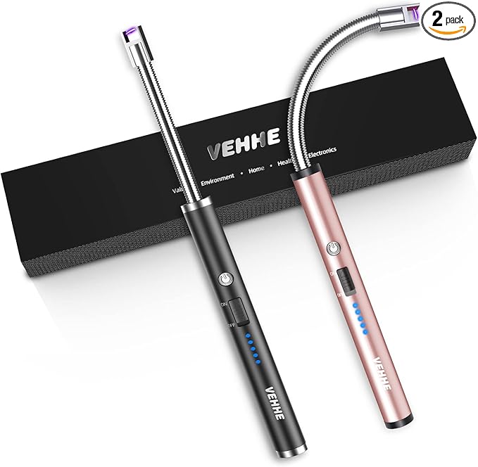 VEHHE Candle Lighter, 2 Pack Rechargeable Electric Lighter with LED Battery Display Safety Switch, Flexible Neck USB Lighter for Candles Camping Grill Gas Stoves Cooking (Black & Pink)