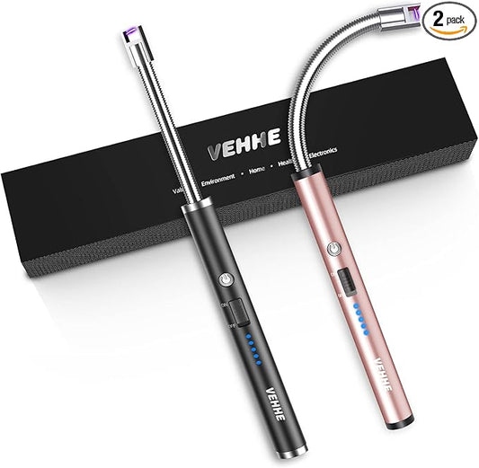 VEHHE Candle Lighter, 2 Pack Rechargeable Electric Lighter with LED Battery Display Safety Switch, Flexible Neck USB Lighter for Candles Camping Grill Gas Stoves Cooking (Black & Pink)