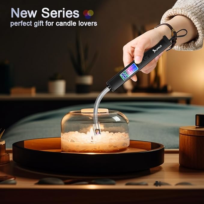 SUPRUS Electric Candle Lighter USB-C Rechargeable with Digital Battery Display Ambient Lighting Safety Switch 360° Flexible Neck Flameless Plasma Windproof Perfect for Candle BBQ Camping (Black)