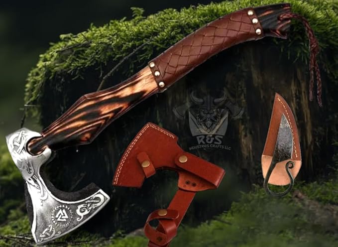 R&S Industries Custom Gift Forged Carbon Steel Viking Axe with Rose Wood Shaft, Viking Bearded Camping Axe, Best Birthday for Him