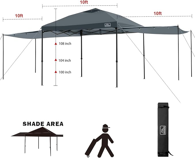 KAMPKEEPER 10x10 pop up Canopy Tent with 2 sidewalls Silver-Coated,Outdoor Canopy Tent for Parties with 2 Shelters,with 4 Poles, 4 Sandbags,8 Ropes,12 Stakes,and 1 Roller Bags