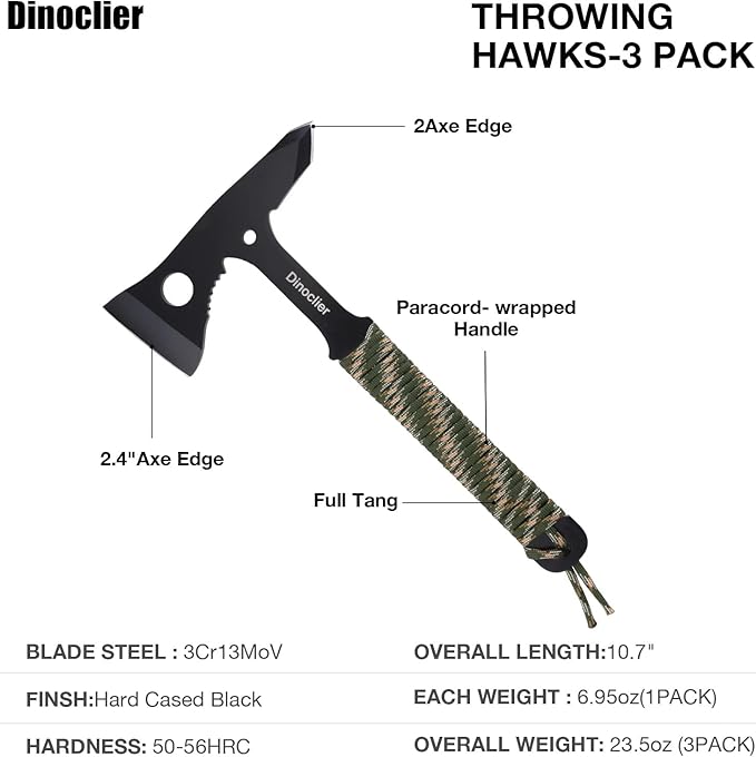 Throwing Axes and Tomahawks, Throwing Hawks Axes Pack of 3, 10.7" Full Tang Tactical Throwing Axes Set with Nylon Sheath