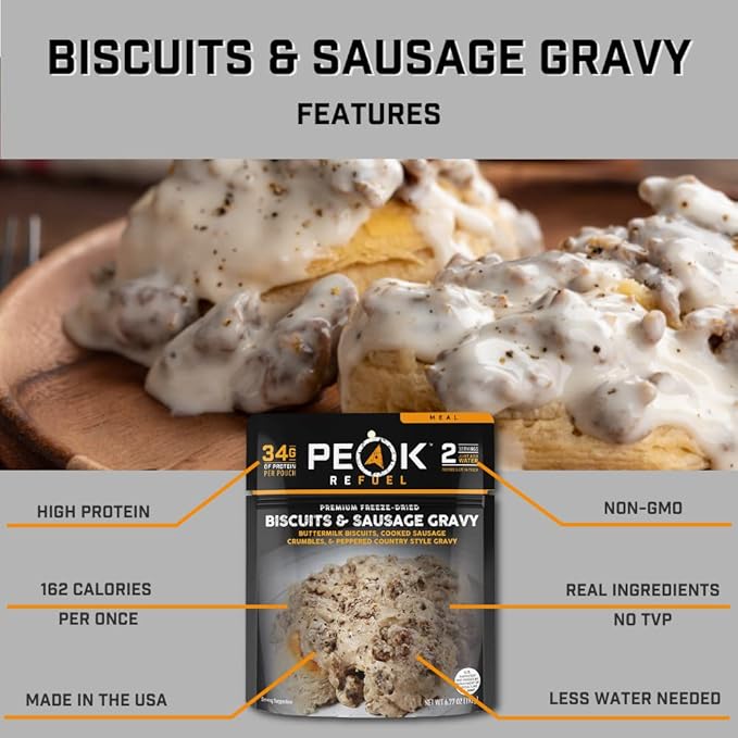 Peak Refuel Biscuits and Gravy | Premium Freeze Dried Camping Food | Backpacking & Hiking MRE Meals | Just Add Water | 100% Real Meat | 53g of Protein | 2 Serving Pouch (6 Pack)