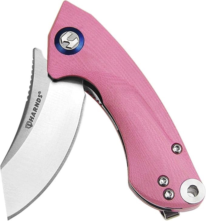 Harnds Ballet Folding Knife with Sandvik 14C28N Blade Camping Pocket Knife with Deep Carry Pocket Clip G10 Handle Flipper Open Liner Lock EDC (pink)