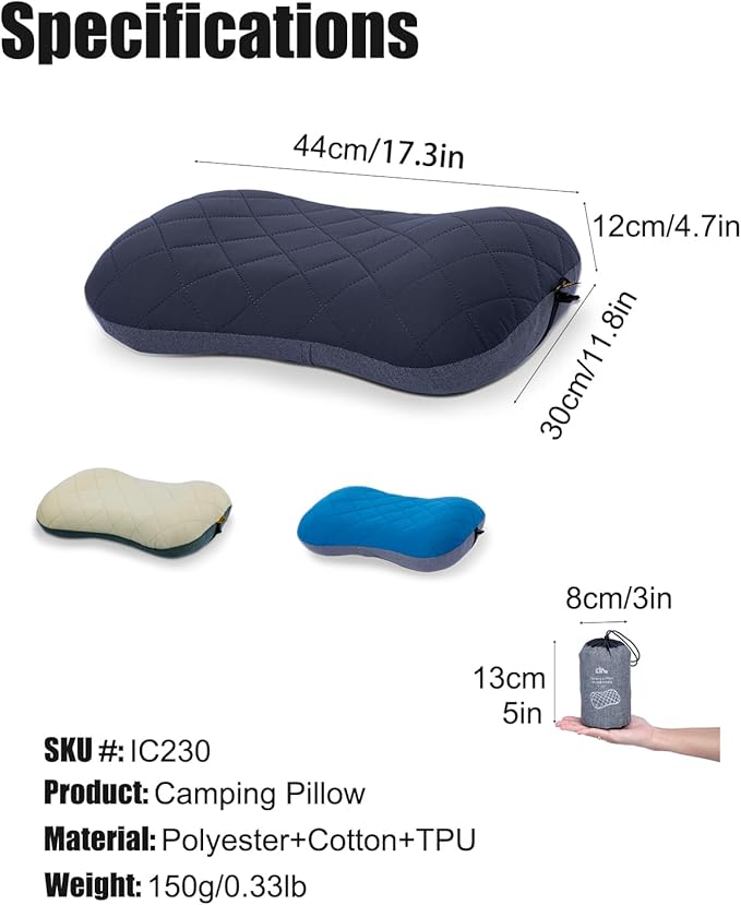 iClimb Ultralight Compact Camping Pillow with Removable Cover Inflatable Travel Air Pillow (Grey)