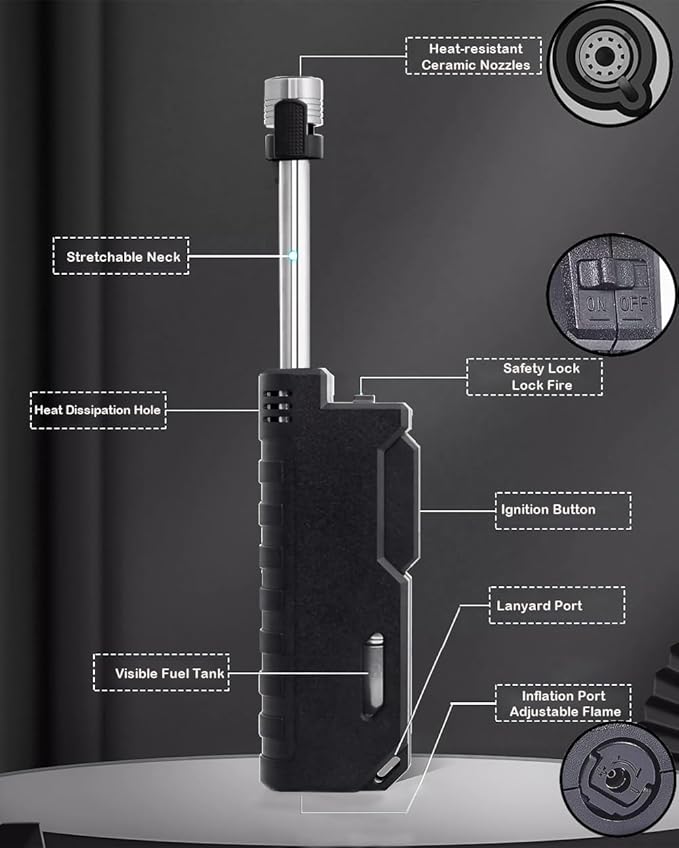 Butane Lighter Long Neck Flame Adjustable Lighter Refillable Multipurpose Windproof Lighters with Safety Lock and Visible Gas Window Lighter for Candle Fireplace Kitchen Camping Outdoor (Black)