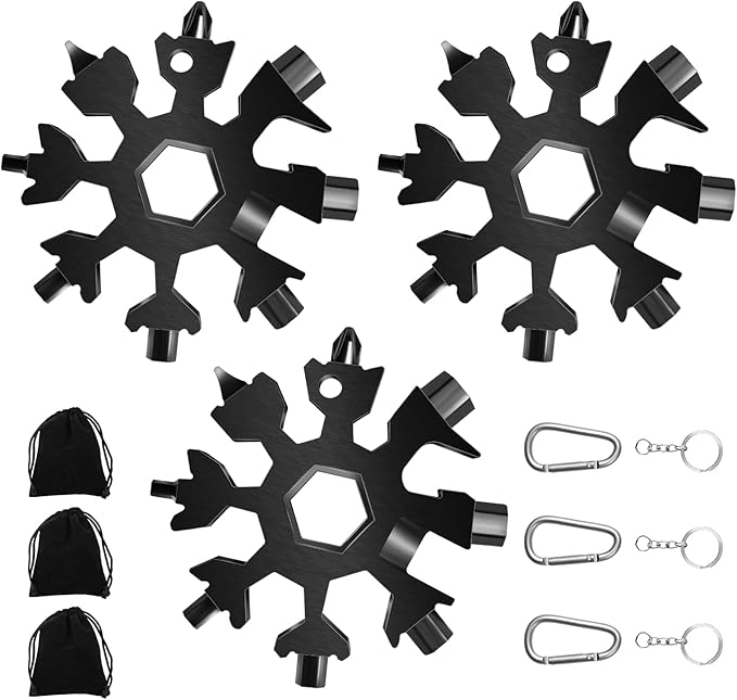 Snowflake Multi Tool, 3PCS 18 in 1 Snowflake Tool Stainless Steel Snowflake Handy Tool with Storage Bag (Black)