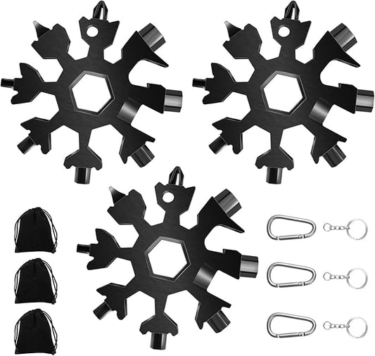 Snowflake Multi Tool, 3PCS 18 in 1 Snowflake Tool Stainless Steel Snowflake Handy Tool with Storage Bag (Black)