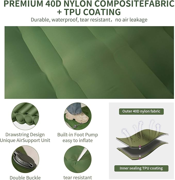 Sleeping Pad for Camping,5" Ultra-Thick Camping Mattress with Pillow Built-in Foot Pump, Self Inflating Camping pad for Backpacking, Car Camping, Hiking, Tent(Green)