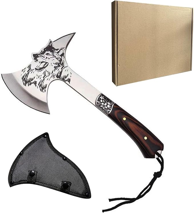 Stainless Steel Camping Hatchet with Sheath, 12.59" Wooden Handle Tactical Hatchet for Outdoor, Hunting, Adventure, Emergency YH22-01