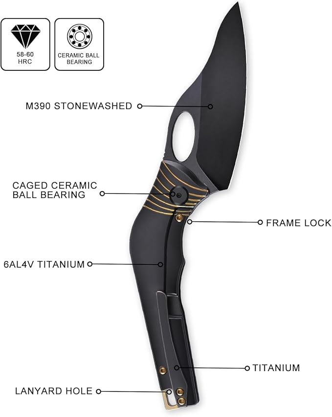 Knife Amuse-C04 Thumb Hole Knife,3.85" M390 Steel Blade Stonewashed,6AL4V Titanium Handle,Frame Lock Folding Knife,Titanium Pocket Clip(Black)