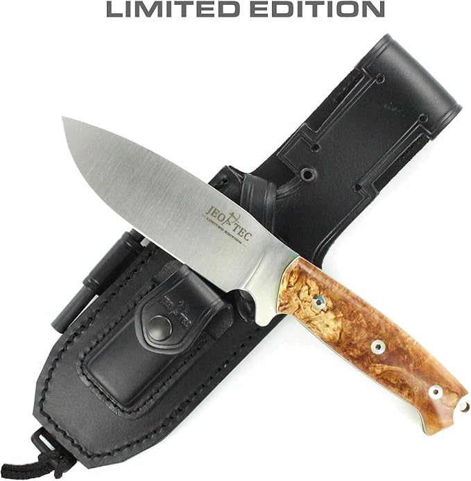 JEO-TEC Nº1 Bushcraft Survival Full Tang Fixed Blade Outdoor Camping Utility Hunting Knife In Leather Sheath Horizontal Vertical Carry Sheath | BÖHLER N690C Steel Fire Starter Scraper