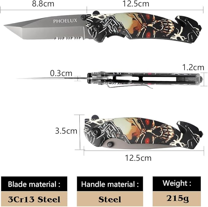 8.43" Pocket Folding Knife with Serrated Blade, Speed Spring Assisted Opening, Glass Breaker, Belt Cutter, Thumb Stud, Liner Lock and Pocket Clip, Good for Survival, Camping, Outdoor, Hunting